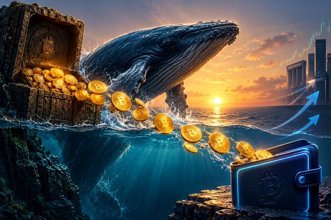 A massive whale breaching from a treasure chest spilling Bitcoin coins (marked with "₿") into an awaiting wallet at sunset, visually symbolizing a large crypto whale's significant BTC transfer. The Bitcoin symbols and ocean imagery reinforce the post's theme of a long-dormant whale wallet moving 583.23 BTC (~$37.57 million) after 8 years of holding.