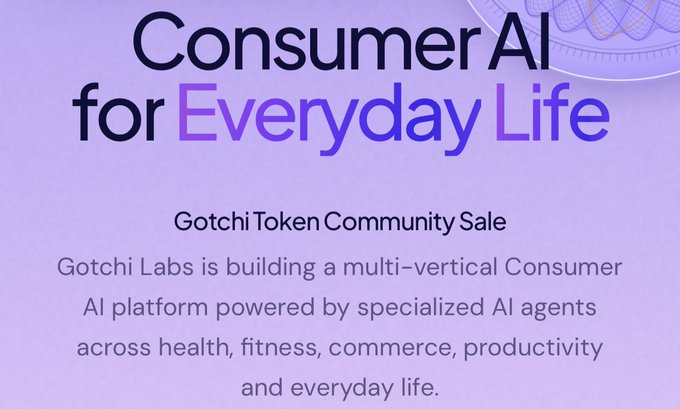 A graphic on a purple background reading "Consumer AI for Everyday Life," promoting the Gotchi Token Community Sale and announcing that Gotchi Labs is building a multi-vertical Consumer AI platform with specialized agents across health, fitness, commerce, and productivity. The image visually reinforces the tweet's message about expanding the $CHI ecosystem into diverse AI-powered consumer products.