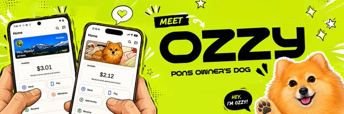 A promotional banner for a cryptocurrency project called 'OZZY' (described as 'PONS OWNER'S DOG') shows smartphones displaying a digital wallet app with balances of $3.01 and $2.12, featuring a smiling Pomeranian dog character.