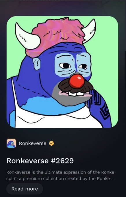 An NFT listing for 'Ronkeverse #2629' by Ronkeverse, featuring a cartoon blue monster-like character with horns, pink hair, and a red clown nose.
