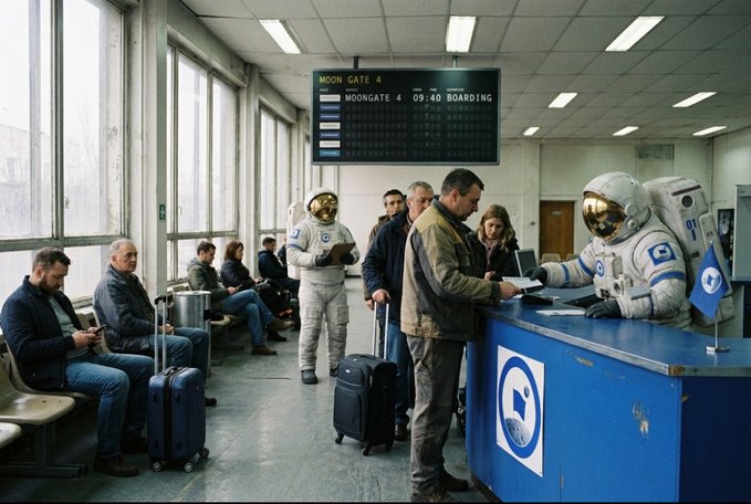 A spaceport terminal shows passengers in business attire alongside astronauts in white spacesuits checking in at a blue counter labeled with a moon base logo, while a digital display overhead reads "MOON GATE 4" and "09:40 BOARDING," echoing the announcement for Moonbase Gate 4.
