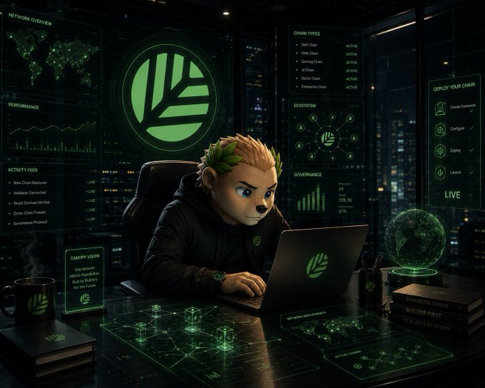 An anthropomorphic dog-like character with a laurel wreath sits at a laptop in a dark room with green glowing screens displaying blockchain and AI network dashboards.
