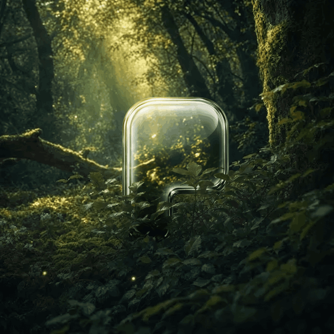 A glowing, translucent speech bubble icon floats among lush green foliage in a sunlit forest, evoking a mystical atmosphere.