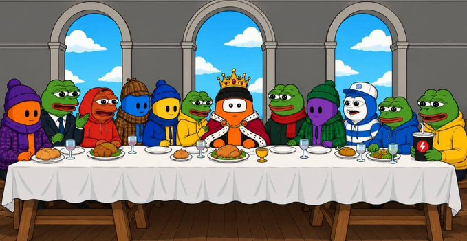 A cartoon parody of The Last Supper featuring Pepe the Frog characters in winter clothing seated at a feast, with one crowned figure at the center and another drinking a red beverage.