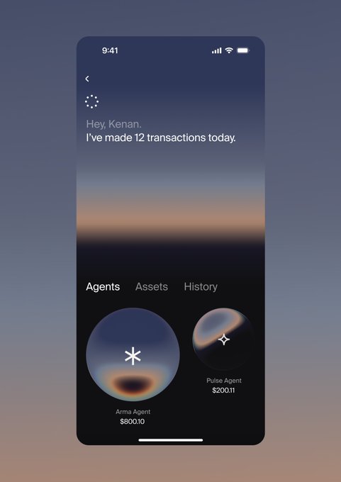 A mobile app interface displayed against a blue background showing a dashboard that reads "Hey, Kenan. I've made 12 transactions today," with tabs for Agents, Assets, and History, and circular icons for "Arma Agent $80010" and "Pulse Agent $20011."