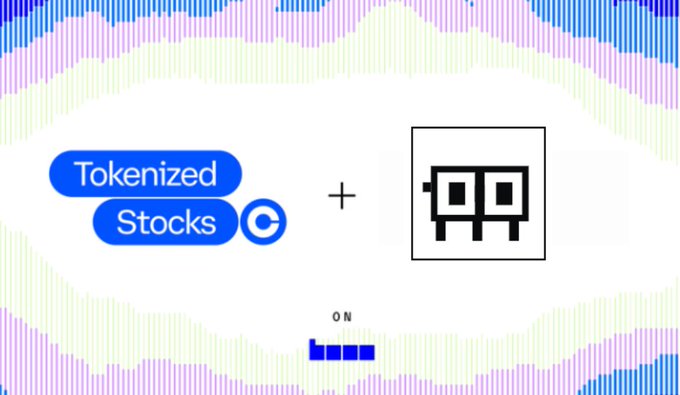 A graphic showing blue 'Tokenized Stocks' and Coinbase logo buttons next to a plus sign and a pixel art character icon, with the word 'ON' and blue blocks below.