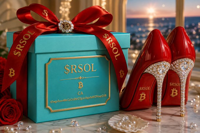 A turquoise Tiffany-style gift box adorned with a red ribbon and a 'Happy Birthday' diamond center, with a label reading '$RSOL' and a Bitcoin symbol, sits beside a pair of sparkly red high heels with '$RSOL' and 'B' logos, with pearls scattered around.