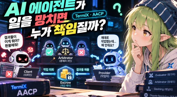 A colorful illustrated banner mixes Korean text with AI-agent terms, showing labels including “Termix · AACP,” “AI 에이전트가 일을 막치면 누가 책임질까?,” “Arbitrator,” “Client,” “Escrow,” “Provider,” and “Evaluator,” alongside a green-haired fantasy character.