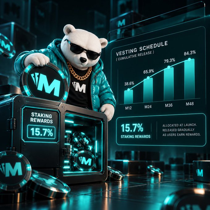A stylized illustration features a white bear mascot wearing sunglasses and a teal puffer jacket, holding a coin marked with 'M', alongside a 'VESTING SCHEDULE (CUMULATIVE RELEASE)' chart showing percentages (38.6%, 65.9%, 79.3%, 84.3%) and a 'STAKING REWARDS 15.7%' display.