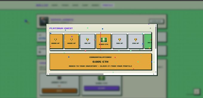 A screenshot of a "Platinum Chest" reward screen showing 9 items including XP, Gems, and an "ETH Coin" prize, with a congratulations message stating "0.005 ETH ADDED TO YOUR INVENTORY - CLAIM IT FROM YOUR PROFILE," supporting the post's claim of winning 0.005 ETH.