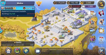 A screenshot from the mobile game "Pocket Legions" displays a player's Roman Empire-themed base with a City Hall level 55, 175,070 gold, 192,185 silver, and 2,045 gems, while a "Quest" panel shows completed objectives like building a City Hall to level 20 and unlocking tokenized Pump Boost.