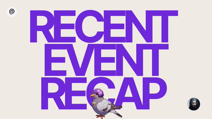 A graphic with large purple text reading 'RECENT EVENT RECAP' on a light background, featuring a pigeon wearing a tiny helmet and a small profile photo in the corner.