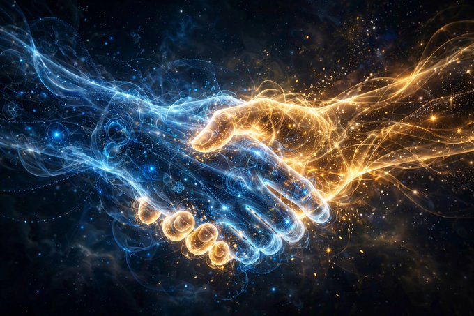 Two luminous, ethereal hands—one glowing in cool blue and the other in warm gold—reach toward each other in a cosmic handshake, symbolizing the unification of security and yield in a quantum-ready rollup. The image visually echoes the post's message of merging "safe" and "farming" portfolios into one seamless solution from @quipnetwork and @NucleusCodes.