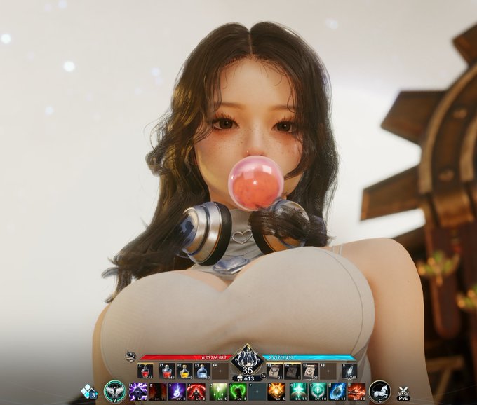A stylized video game screenshot showing a female character with dark hair blowing a pink bubblegum bubble, with an RPG user interface displaying health/mana bars, level 35, and skill icons at the bottom.