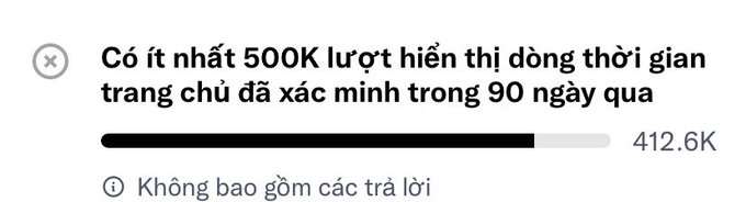 A Vietnamese text message reads 'Có ít nhất 500K lượt hiển thị đồng thời gian trang chủ đã xác minh trong 90 ngày qua' with a progress bar showing 412.6K.