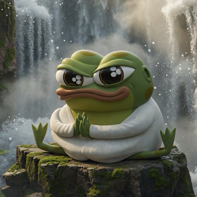 A 3D-rendered anthropomorphic green frog character with large eyes, wearing a white robe, meditating cross-legged on a mossy rock before a waterfall.