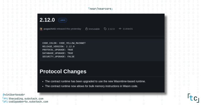 The image shows a screenshot of a computer screen displaying information about a protocol called NearCore. The webpage displays the version number 2.12.0, along with details about the changes coming soon, including that nodes will be upgrading to protocol version 84 next week. The image also contains text stating that a contract has been modified and is now available for download, which indicates that users can access NearCore's updates through a special portal called @NEARProtocol.