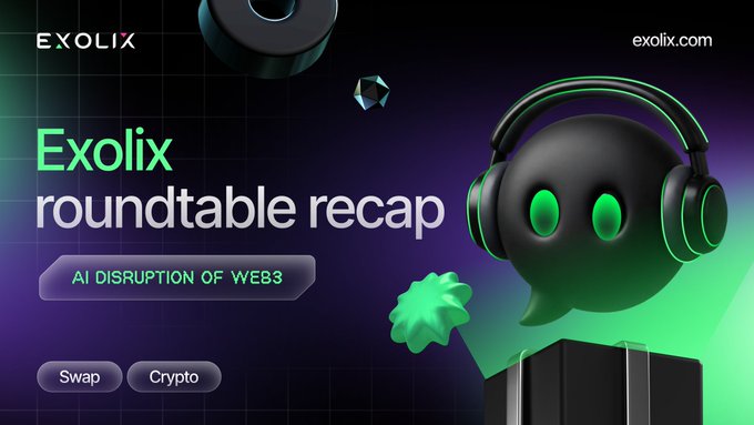 A promotional graphic for 'Exolix roundtable recap' on the topic of 'AI DISRUPTION OF WEB3', featuring a 3D character wearing green-glowing headphones, with 'Swap' and 'Crypto' buttons.