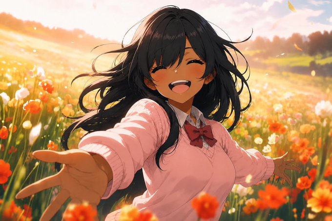 An anime-style illustration of a smiling girl with long black hair wearing a pink sweater and red bow, reaching her hand out while standing in a sunny field of red and white flowers.