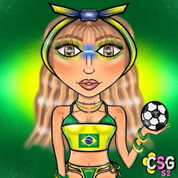 The image shows a stylized cartoon of a blonde female character with green and yellow face paint resembling the Brazilian flag, wearing a matching green and yellow bikini top and headband while holding a black and white soccer ball against a green gradient background, with "CSG S2" text in the bottom right corner. This relates to the post by tying the soccer/football theme to the Brazilian colors and presenting a new "Referee" airdrop character to incentivize new holders of the Classy Sassy Girls (CSG) NFT collection.