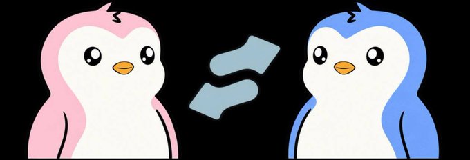 A pink and a blue penguin character face each other with blue motion lines between them on a black background.