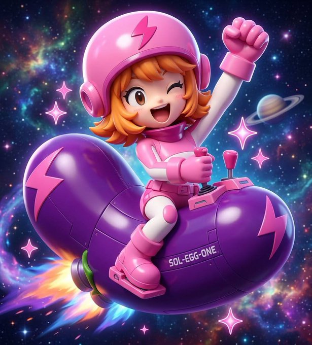 A vibrant 3D cartoon illustration of a girl with orange hair wearing a pink helmet and suit, riding a purple rocket labeled 'SOL-EGG-ONE' through a starry cosmic scene.