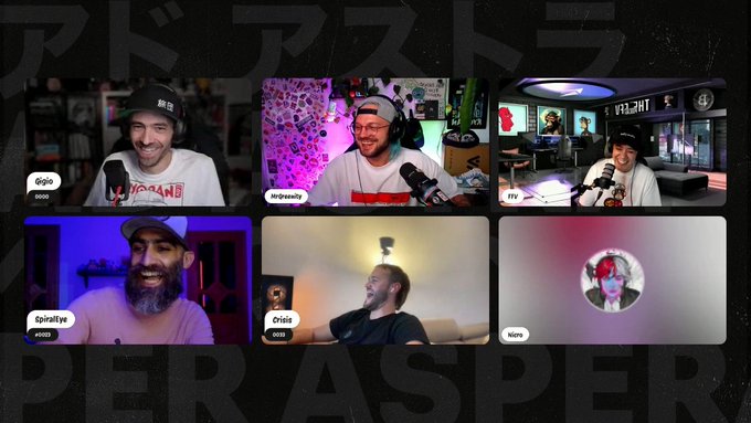 A podcast video grid titled 'PEER ASPIR' (with Japanese katakana アドアスト above), showing multiple participants including Gojo, MrBeast, PFT, Spiralize, Chris, and others.