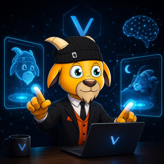 A cartoon goat mascot wearing a beanie and business attire sits at a laptop displaying a "V" logo, gesturing between two holographic AI agent profiles—one showing a goat avatar and the other a sleeping figure—alongside a glowing brain and brain icon. The "V" branding and futuristic tech imagery visually represent the VeWorldAI agent platform mentioned in the post, which promotes a no-code AI agent builder.