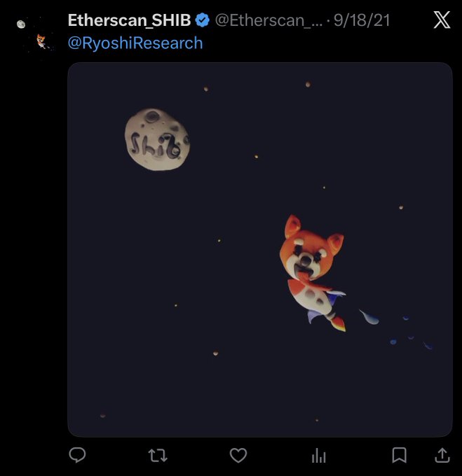 A Twitter screenshot from Etherscan_SHIB dated 9/18/21 showing a cartoon Shiba Inu floating in space near a moon labeled 'Shib'.