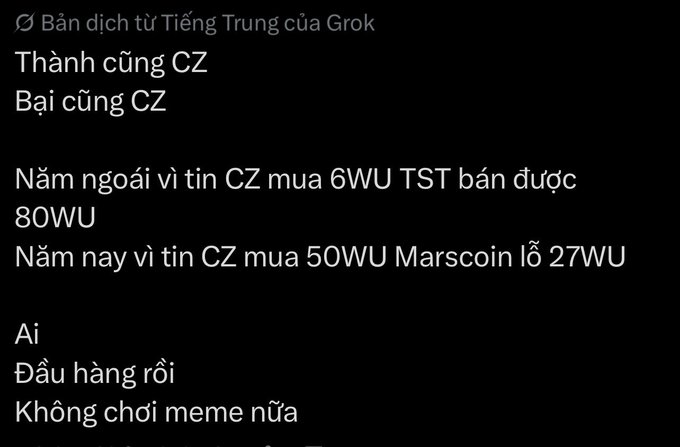 A Vietnamese text translation from Chinese discussing CZ's investment successes and failures with TST and Marscoin tokens.