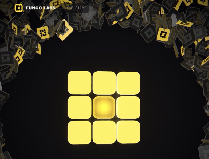 A dark digital graphic with 'FUNGO LABS THE STORY' in the top left, showing a glowing yellow 3x3 grid in the center surrounded by floating yellow and black cubes.