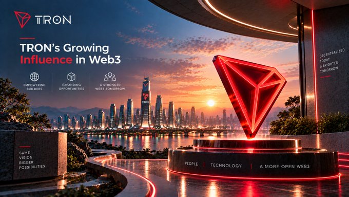 A promotional graphic for "TRON" titled "TRON's Growing Influence in Web3" features a glowing red TRON logo against a futuristic cityscape at sunset.