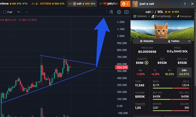 A cryptocurrency trading chart for 'just a cat' (cat/SOL) showing a triangular pattern with a large blue arrow pointing upward, indicating a breakout, with various market stats displayed including price $0.0005668 and volume $850K.