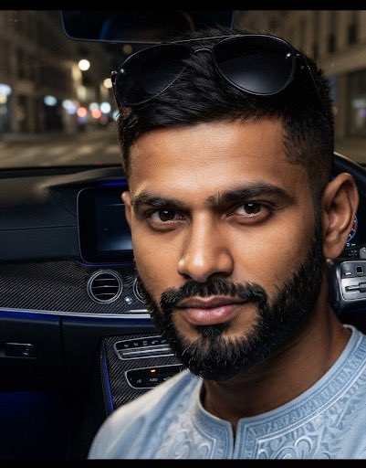Portrait of a bearded man with sunglasses perched on his head, sitting inside a car at night with an urban street scene visible through the windshield.