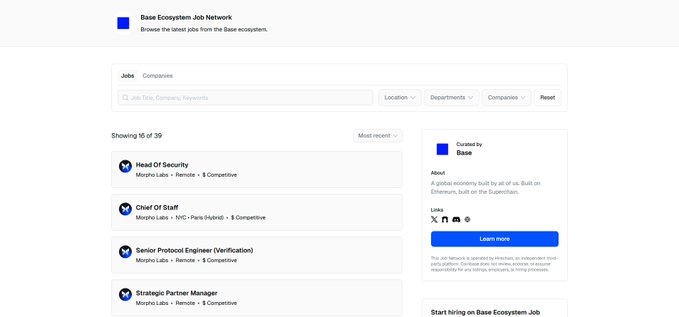 Screenshot of the "Base Ecosystem Job Network" homepage showing 15 of 39 available positions including Head Of Security, Chief Of Staff, Senior Protocol Engineer (Verification), and Strategic Partner Manager, all based in Macro Labs · Remote with "5 Competitive" compensation, alongside an "About Base" sidebar describing it as "A global economy built by all of us. Built on Ethereum, built on the Supermchain," matching the accompanying caption's mention of base.hirechain.io as a job discovery platform for roles across dev, marketing, BD, design, ops, and research on Base projects.