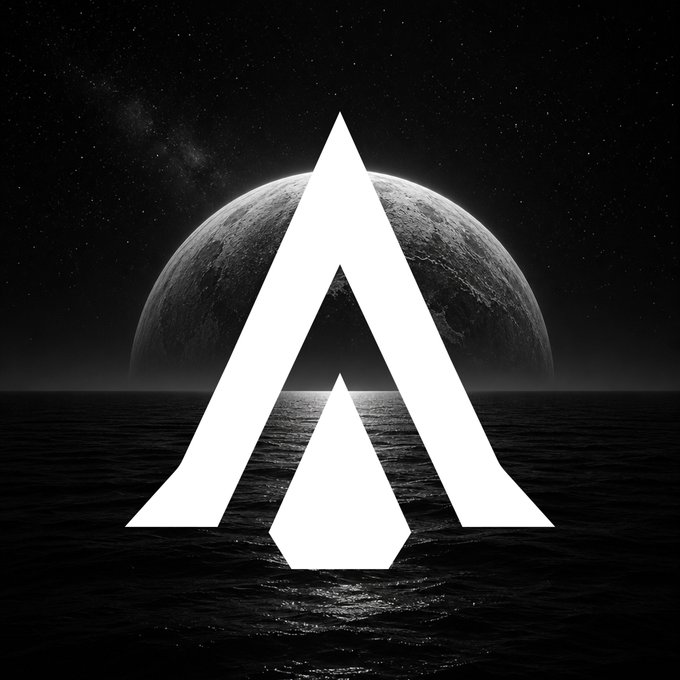 A stylized white "A" logo overlays a monochrome scene of a large moon rising over the ocean beneath a starry night sky, symbolizing the launch of Agentic AQUA on Liquid BTC as highlighted in the accompanying post.
