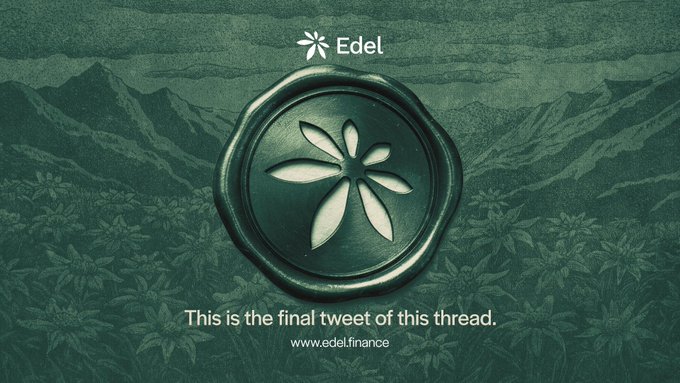 The image features a green background with a white flower design, which appears to be a logo for Edel. The text "This is the final tweet of this thread." is written below the flower design. The caption reads "Runway live at: runway.edel.finance". This suggests that the image might be related to an advertisement or promotional material for Edel's services, possibly discussing their social media presence and the importance of sharing updates or news in real-time.