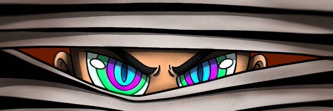 Close-up of a cartoon character's eyes peering through the white bandages of a mummy, featuring vibrant, multi-colored irises (green, purple, blue, pink).