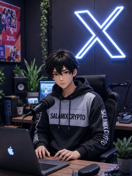 An anime-style male character with black hair wearing a 'SALAMIX CRYPTO' hoodie sits at a laptop in a streaming setup with a large neon 'X' sign behind him.