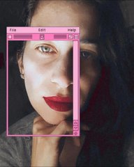 A close-up portrait of a woman with red lipstick, overlaid with a pink camera viewfinder interface.