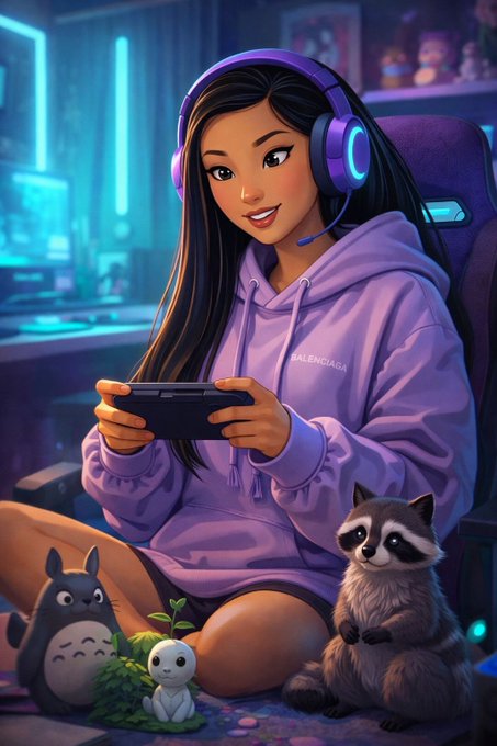A digital illustration of an anime-style girl wearing purple headphones and a purple 'BALENCIAGA' hoodie while holding a handheld console, sitting next to Totoro and a raccoon plushie in a gaming room.