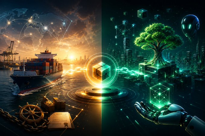 A split digital art piece showing a container ship at sunset on the left and a futuristic glowing city with a tree and AI hand on the right.