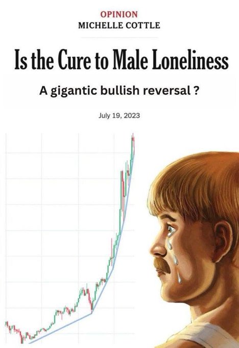 An opinion article header by Michelle Cottle titled "Is the Cure to Male Loneliness" with the subtitle "A gigantic bullish reversal?" dated July 19, 2023, featuring an illustration of a mustachioed man in a bowl cut crying alongside a financial chart showing a sharp upward trend.