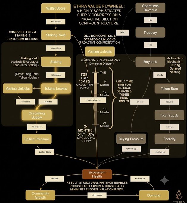 A complex flowchart titled "ETHRA VALUE FLYWHEEL" detailing supply compression, dilution control, and staking yield mechanics with a 6-24 month token vesting timeline.