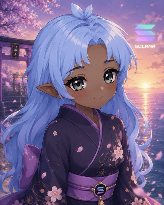An anime-style illustration features a dark-skinned elf girl with long light blue hair and pointy ears, wearing a dark floral kimono with purple accents, set against a sunset beach scene; the 'SOLANA' logo is visible in the top right.