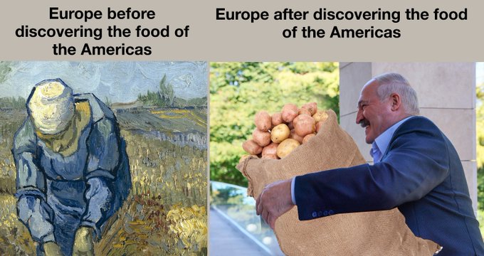 A side-by-side comparison image with text "Europe before discovering the food of the Americas" (showing a Van Gogh painting of a struggling peasant) and "Europe after discovering the food of the Americas" (showing a smiling man hugging a sack of potatoes). The image humorously illustrates how a single new "food" (in this metaphor, a crypto token called $nova) can transform outcomes dramatically, paralleling the post's claim of a 15x return from a $4.5k to $68k market cap, while promoting a private Telegram group that "drops the next one before it moves."