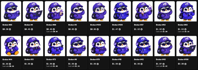 A marketplace listing showing multiple penguin NFT avatars in purple hoodies branded "MB", with prices ranging from $0.39 to $2.30, labeled with broker numbers like "Broker #95" and "Broker #44".