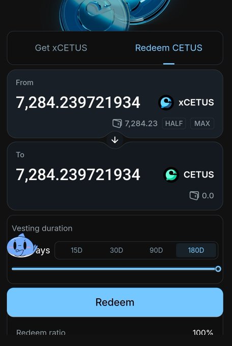 A mobile app interface for redeeming xCETUS tokens at a 1:1 ratio into CETUS, with options for vesting duration including 15D, 30D, 90D, and 180D, and a redeem ratio of 100%.