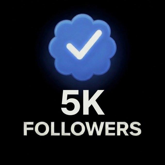 A celebration graphic featuring a blue checkmark badge and the text '5K FOLLOWERS' on a black background.