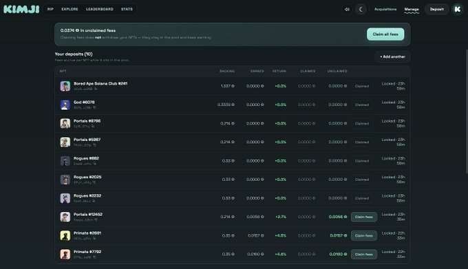 KIMJI platform dashboard showing a deposits table with NFTs like 'Bored Ape Solana Club #849', 'God #6078', and 'Portals' listings, displaying backing, earned, and unclaimed fees.